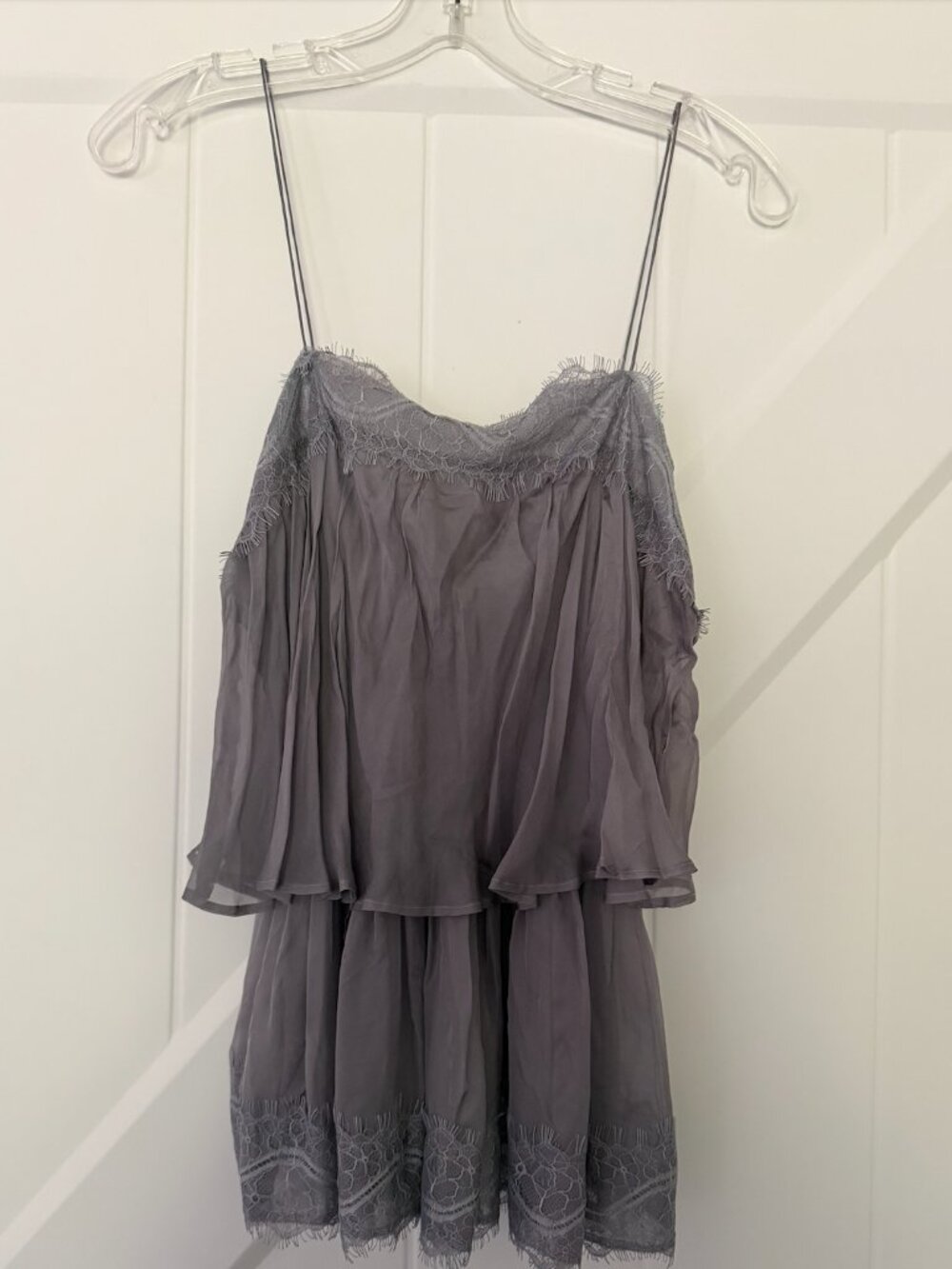 ThistlePearl Gray Eyelash Lace Cold Shoulder Blouse